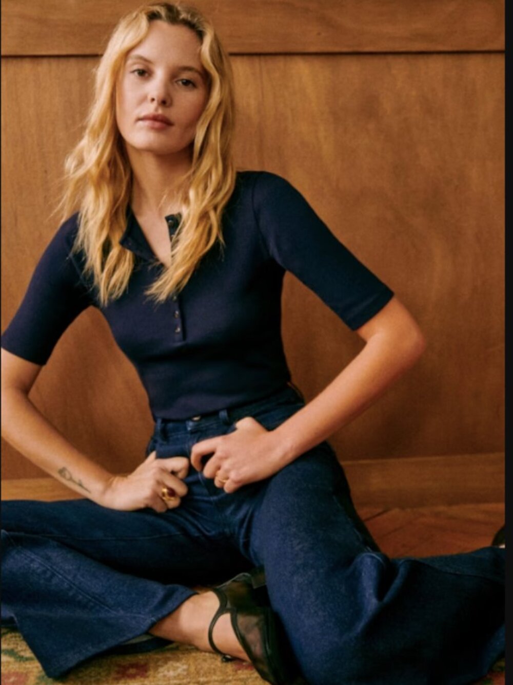 Sezane Theodora Navy Blue 3/4 length sleeve top Size Small